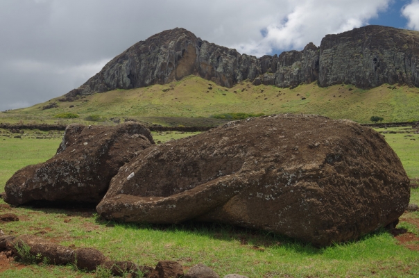 Easter Island moai on back in front of quarry
